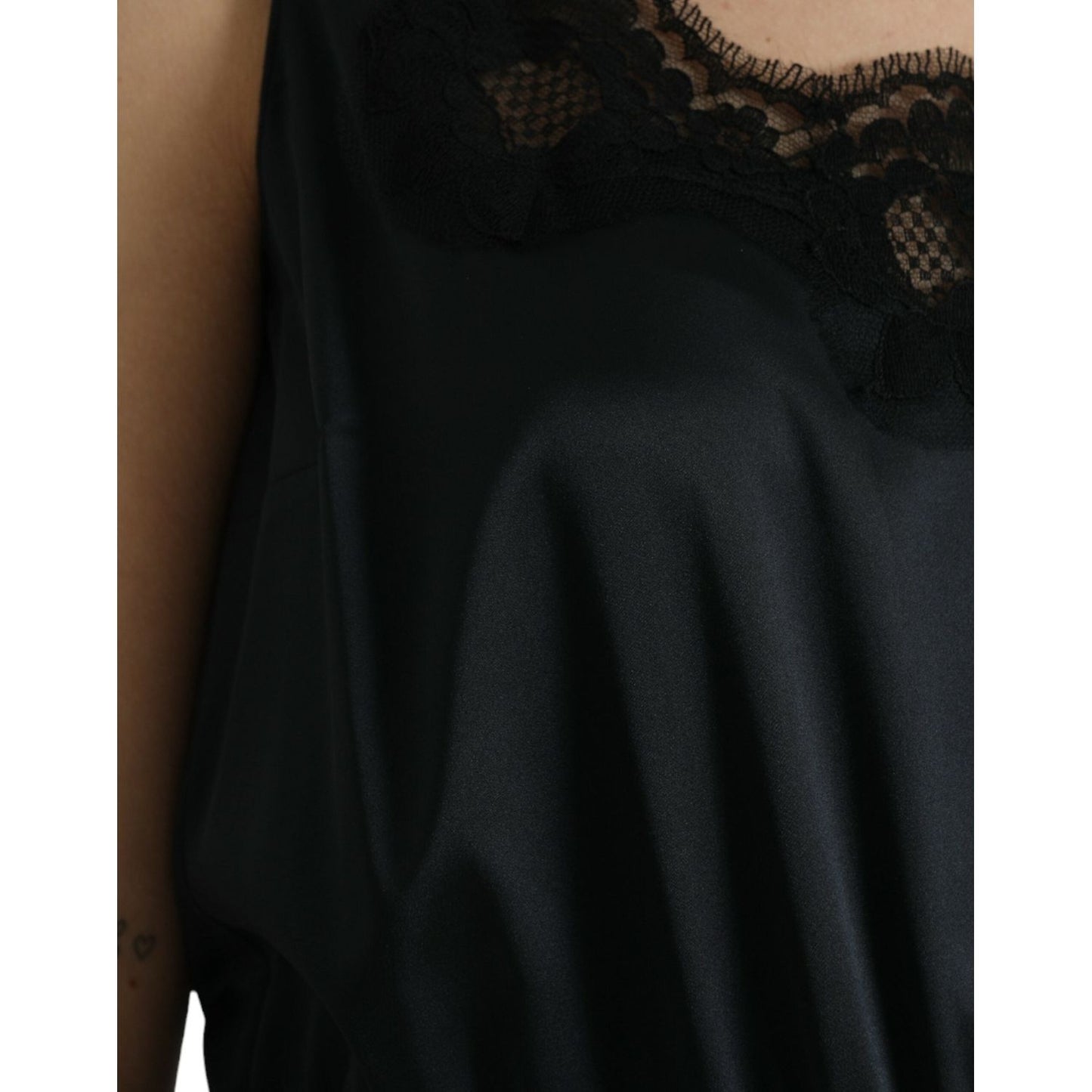 Dolce & Gabbana Black Polyester Lace Trim Sheath Midi Dress Dolce & Gabbana Black