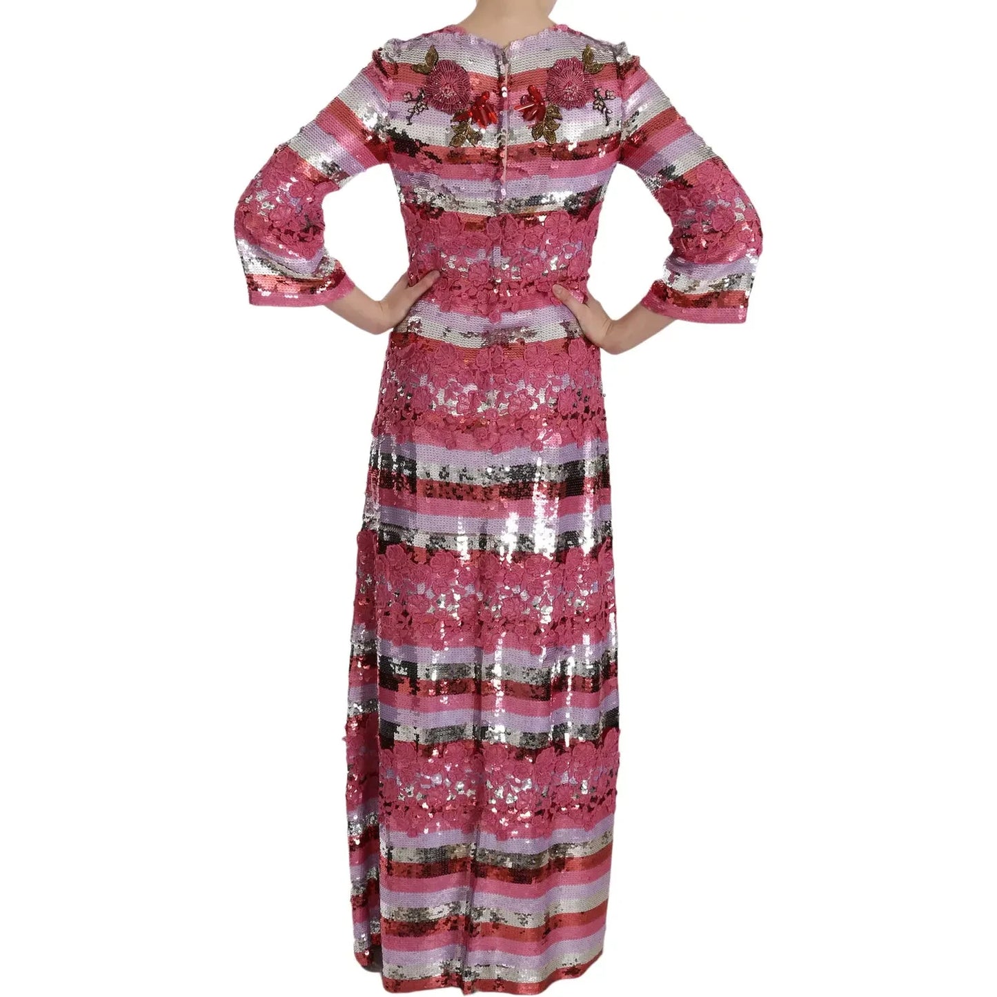 Dolce & Gabbana Pink Floral Sequined Crystal Gown Dress Dolce & Gabbana Maroon
