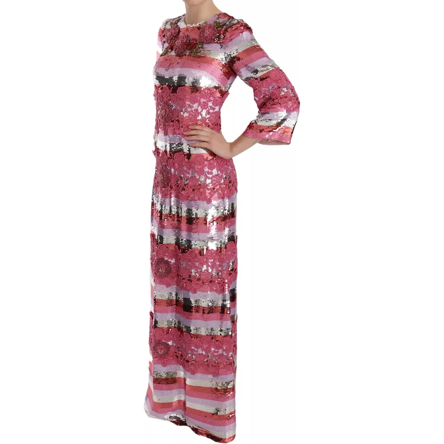 Dolce & Gabbana Pink Floral Sequined Crystal Gown Dress Dolce & Gabbana Maroon