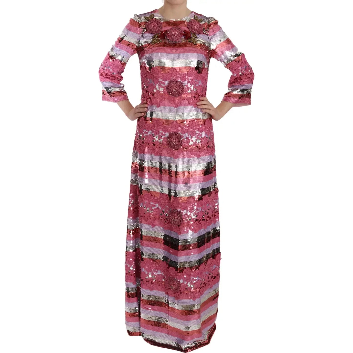 Dolce & Gabbana Pink Floral Sequined Crystal Gown Dress Dolce & Gabbana Maroon
