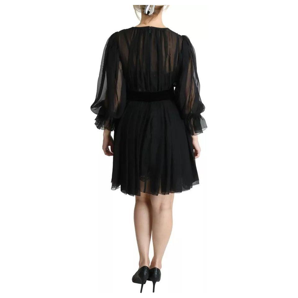 Dolce & Gabbana Black Mesh Pleated Mini Silk Blend Dress Dolce & Gabbana Black