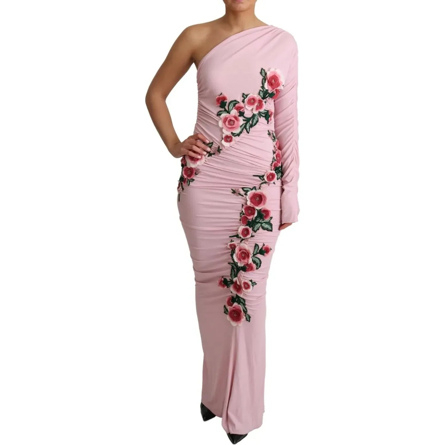 Dolce & Gabbana Pink Flower Embellished One Shoulder Dress Dolce & Gabbana Rosy Brown