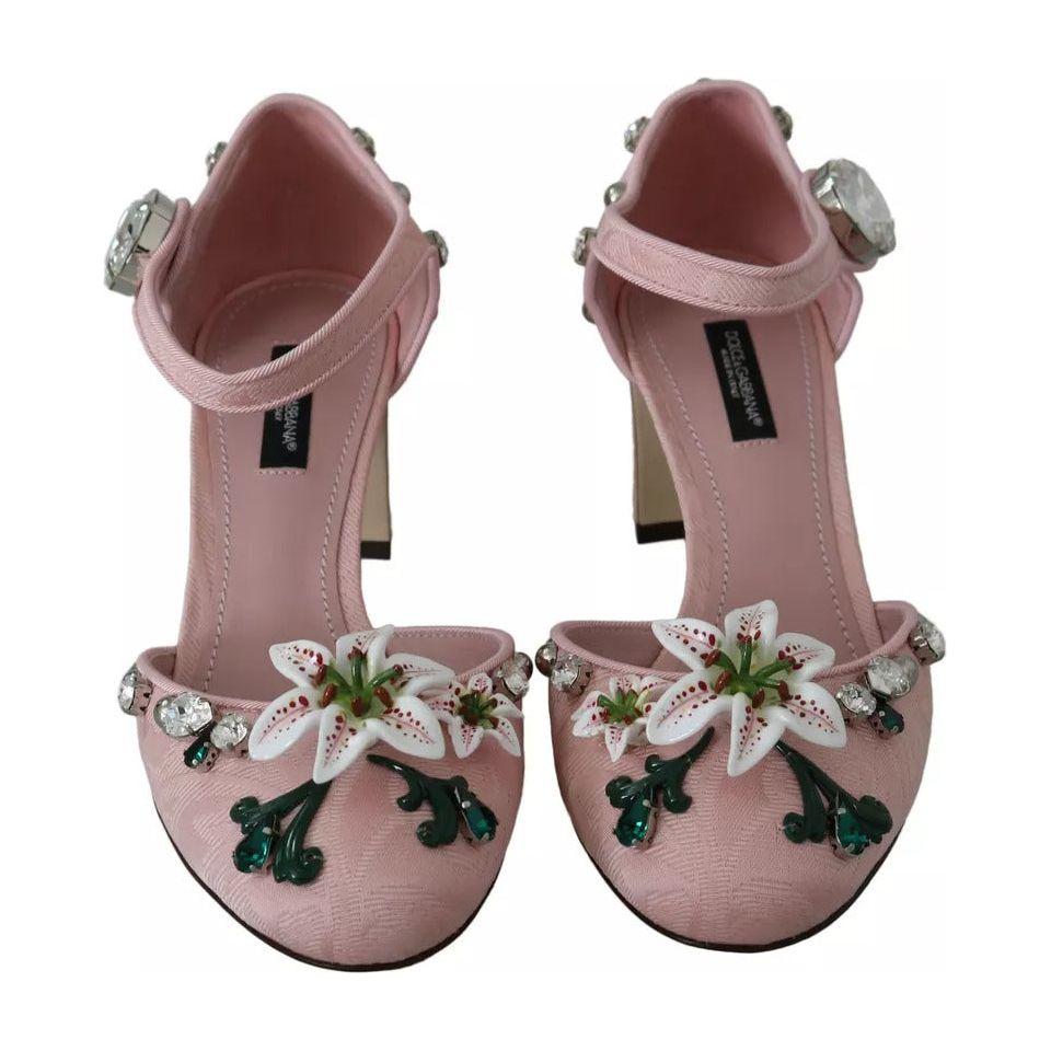 Dolce & Gabbana Pink Brocade Crystal Lily Ankle Strap Shoes Dolce & Gabbana Dim Gray