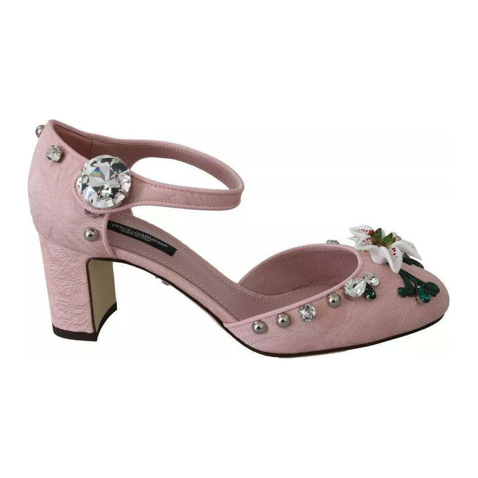 Dolce & Gabbana Pink Brocade Crystal Lily Ankle Strap Shoes Dolce & Gabbana Rosy Brown