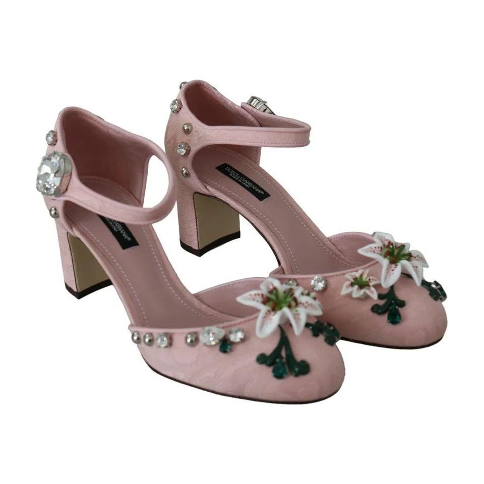 Dolce & Gabbana Pink Brocade Crystal Lily Ankle Strap Shoes Dolce & Gabbana Dim Gray