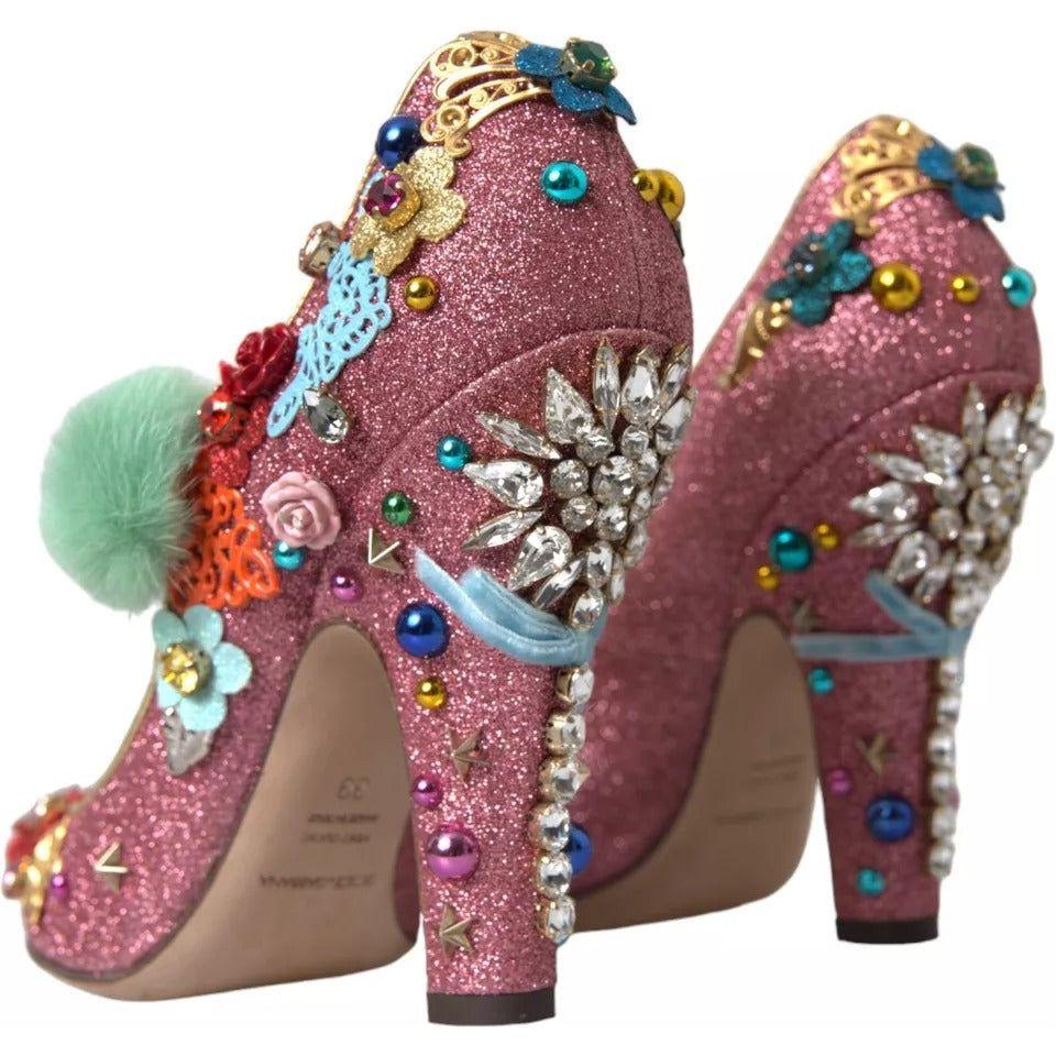 Dolce & Gabbana Pink Embellished Fur Mary Jane Pumps Shoes Dolce & Gabbana Dim Gray