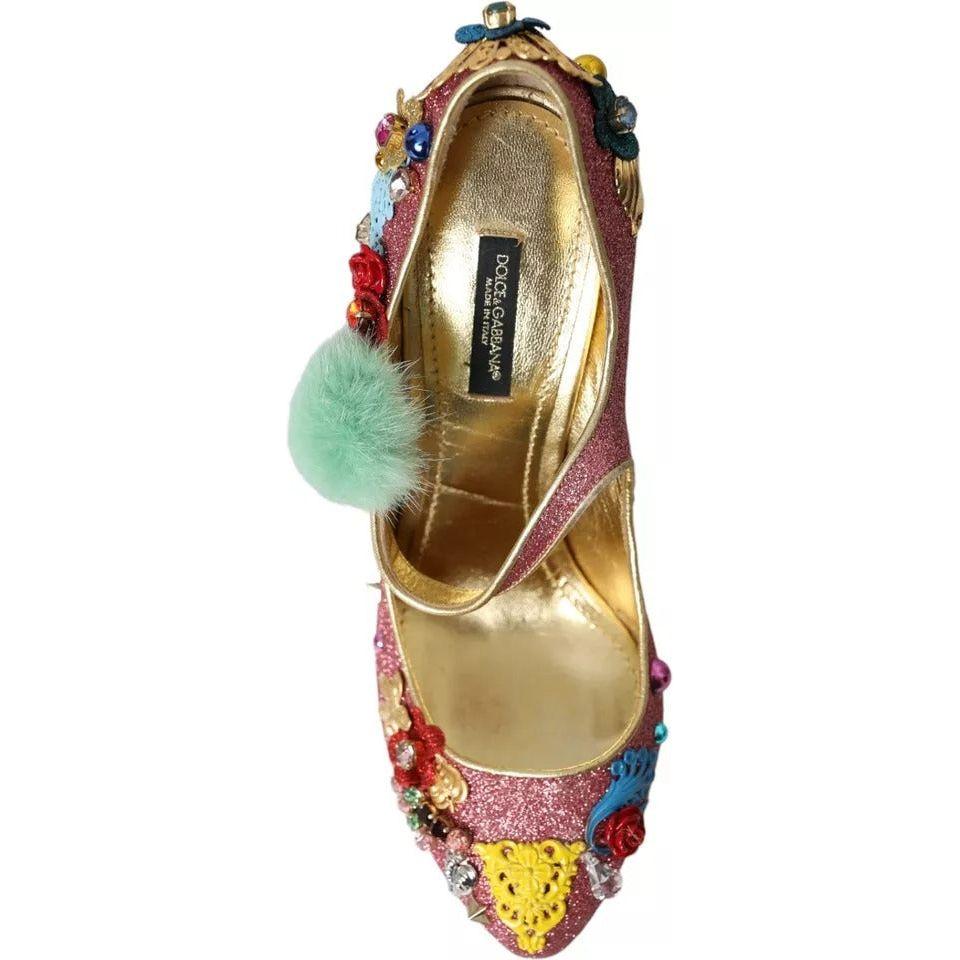 Dolce & Gabbana Pink Embellished Fur Mary Jane Pumps Shoes Dolce & Gabbana Rosy Brown