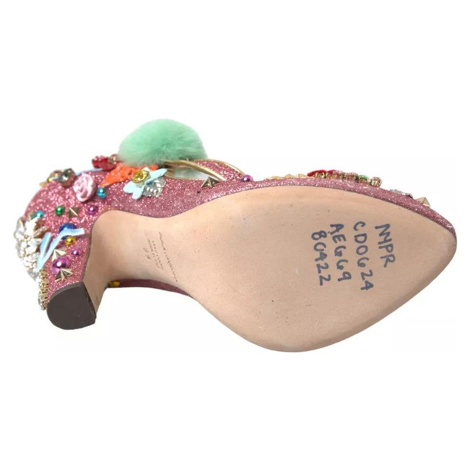 Dolce & Gabbana Pink Embellished Fur Mary Jane Pumps Shoes Dolce & Gabbana Tan