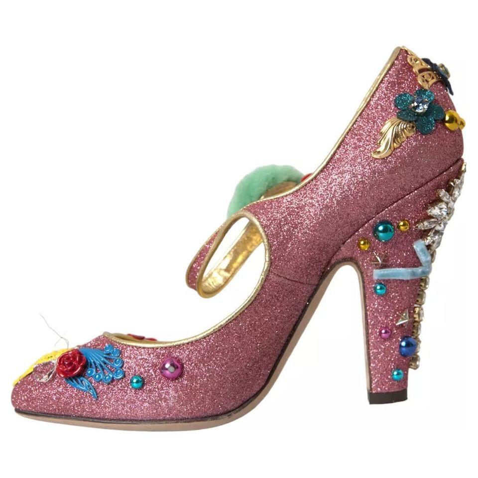 Dolce & Gabbana Pink Embellished Fur Mary Jane Pumps Shoes Dolce & Gabbana Dim Gray