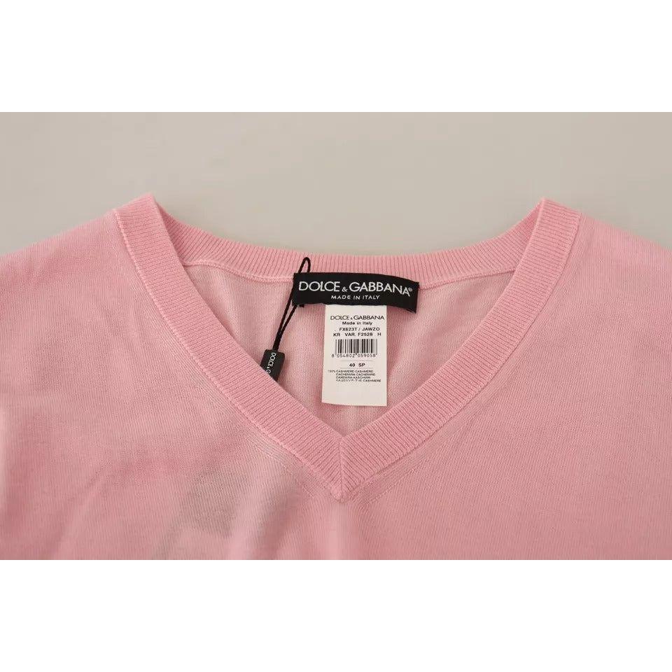 Dolce & Gabbana Pink V-neck Women Pullover Cashmere Sweater Dolce & Gabbana Tan