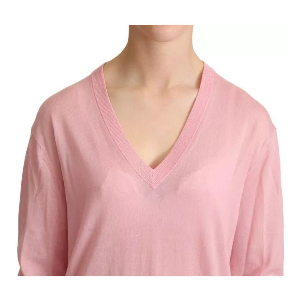 Dolce & Gabbana Pink V-neck Women Pullover Cashmere Sweater Dolce & Gabbana Tan