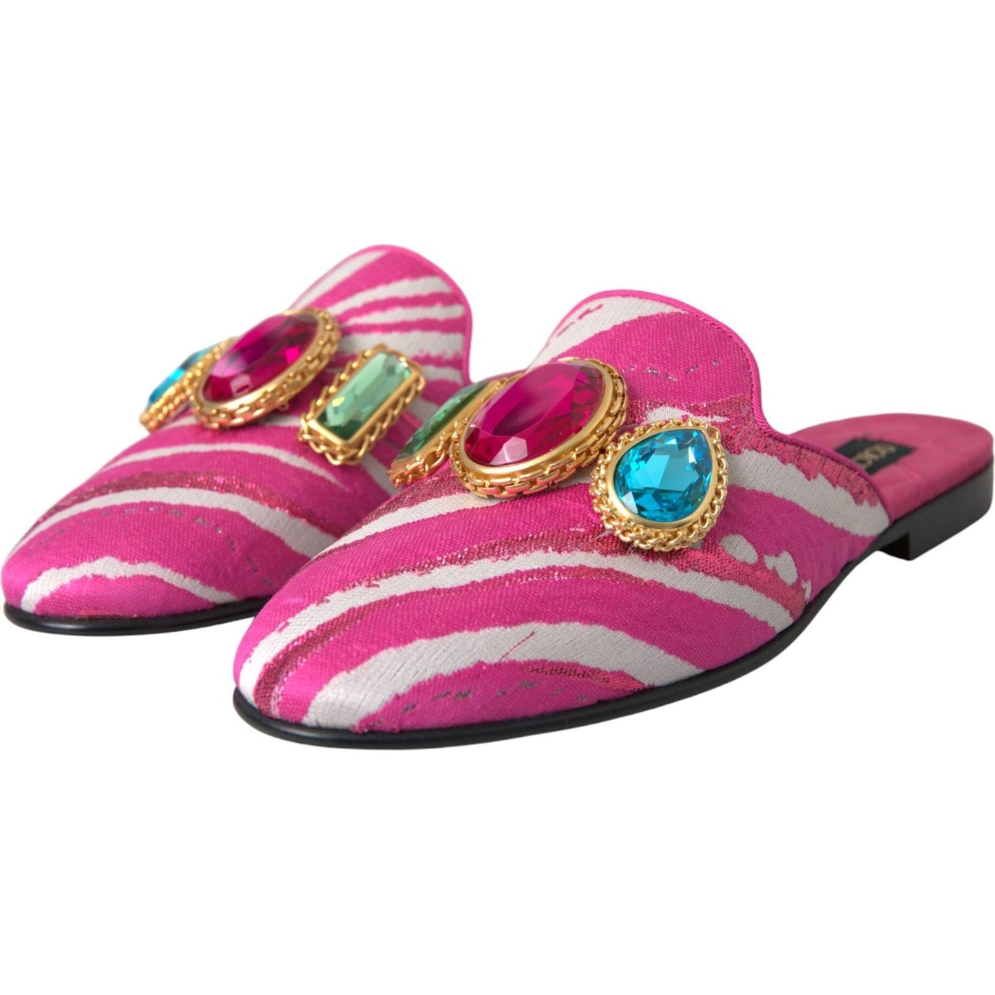 Dolce & Gabbana Pink Jacquard Crystal Mule Flat Sandals Shoes Dolce & Gabbana Maroon