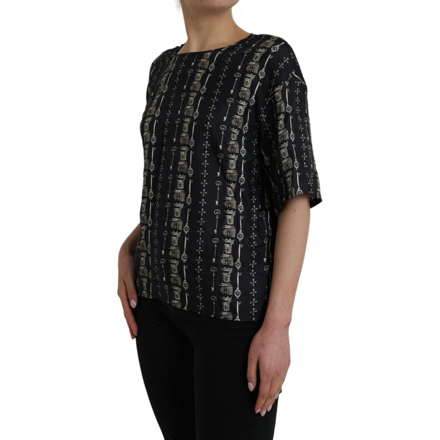 Dolce & Gabbana Black Key Castle Print Silk Blouse T-shirt Dolce & Gabbana Black