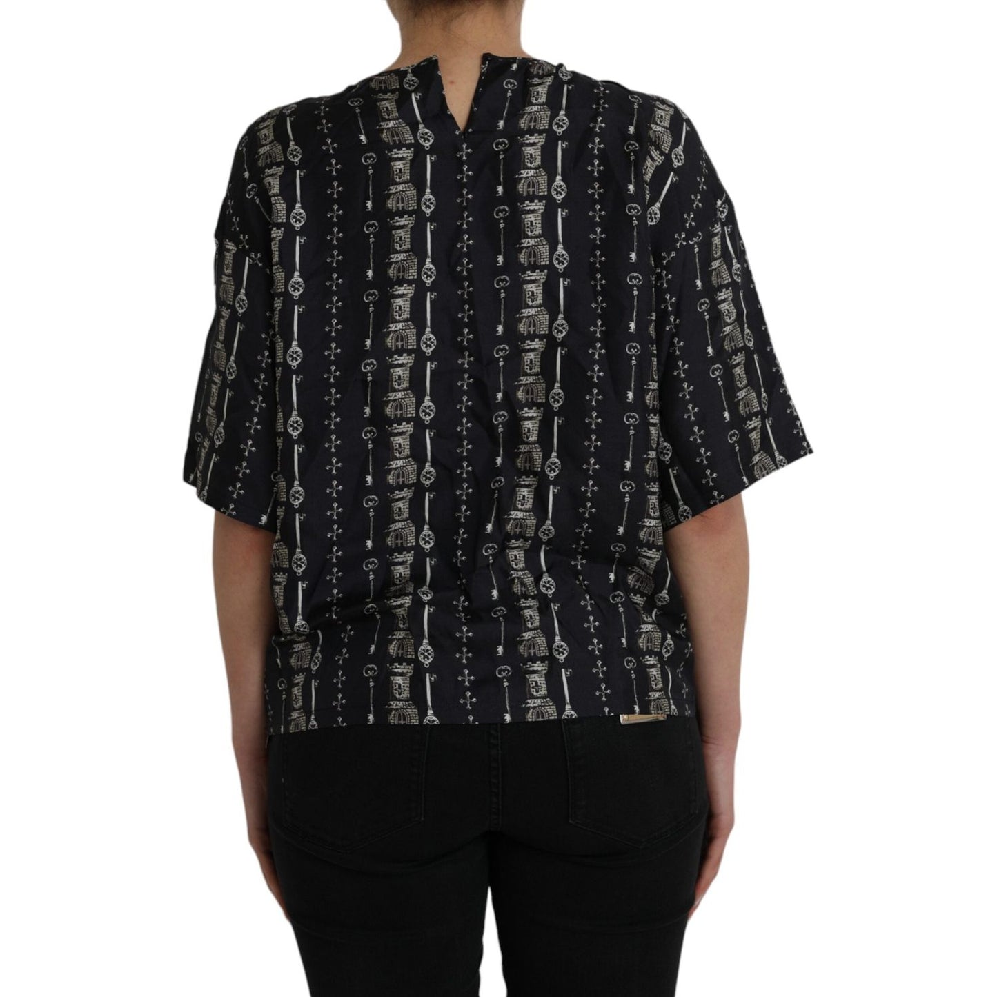 Dolce & Gabbana Black Key Castle Print Silk Blouse T-shirt Dolce & Gabbana Black