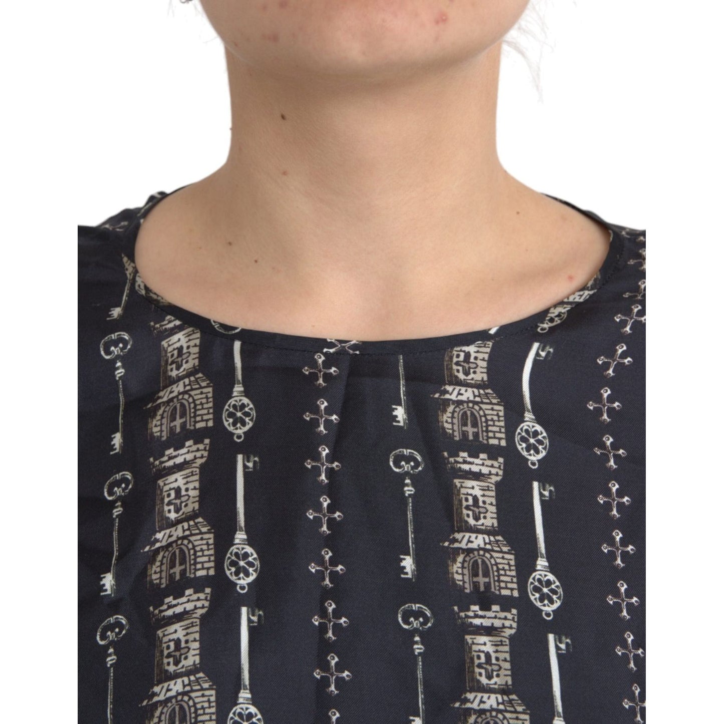 Dolce & Gabbana Black Key Castle Print Silk Blouse T-shirt Dolce & Gabbana Dark Slate Gray