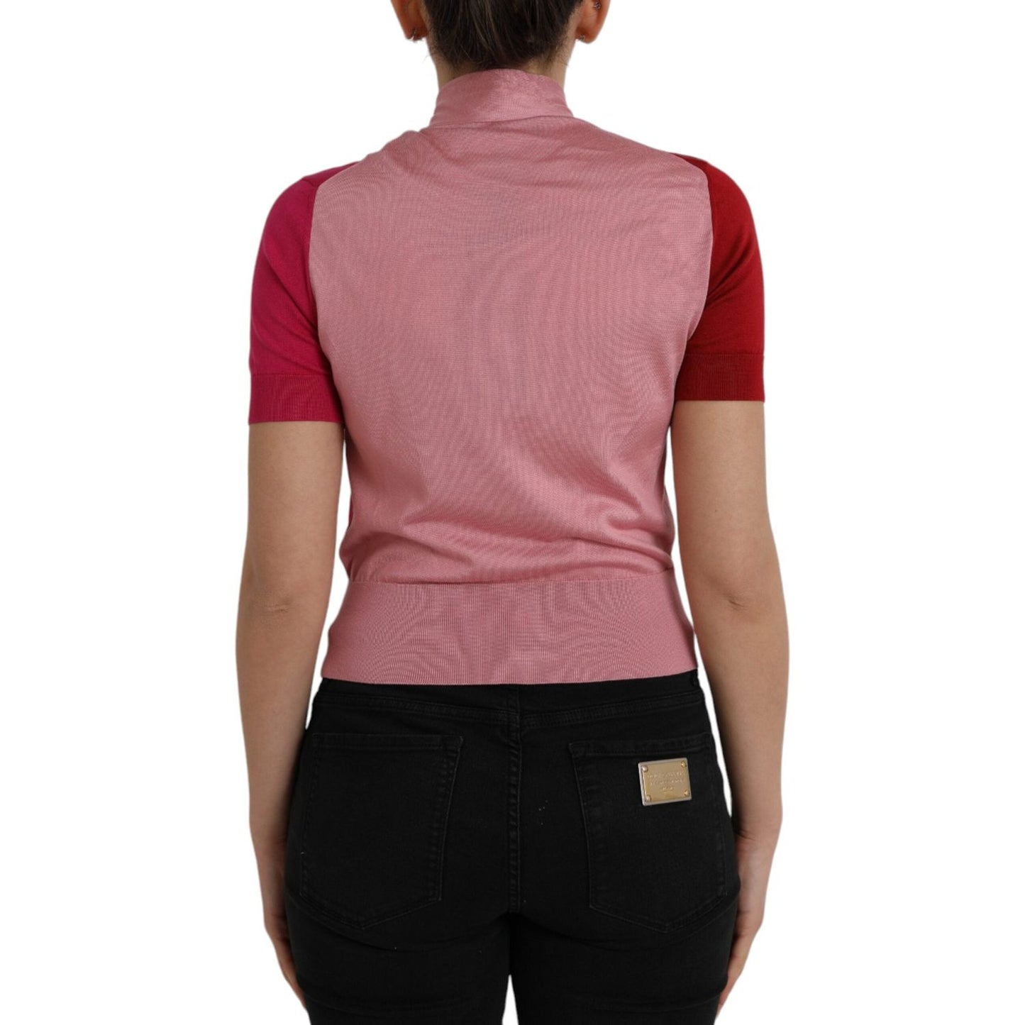 Dolce & Gabbana Pink Short Sleeves Pullover Ascot Collar Top Dolce & Gabbana Rosy Brown