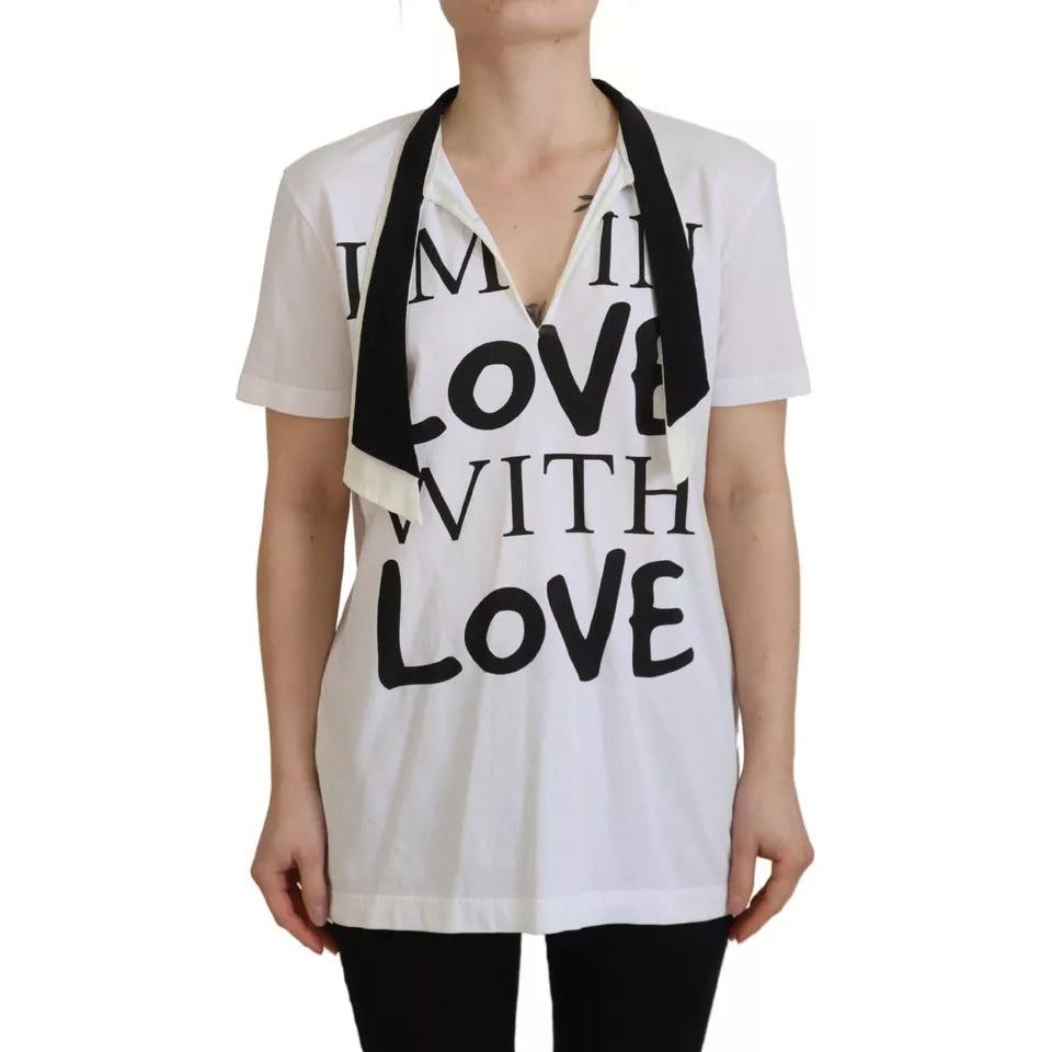 Dolce & Gabbana White Cotton Printed Ascot Collared T-shirt TSH83003-40