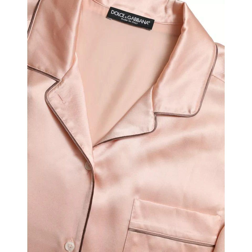 Dolce & Gabbana Pink Silk Long Sleeves Logo Pajama Blouse Top Dolce & Gabbana Light Pink