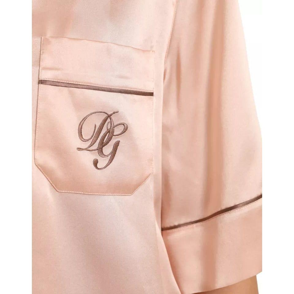 Dolce & Gabbana Pink Silk Long Sleeves Logo Pajama Blouse Top Dolce & Gabbana Light Pink