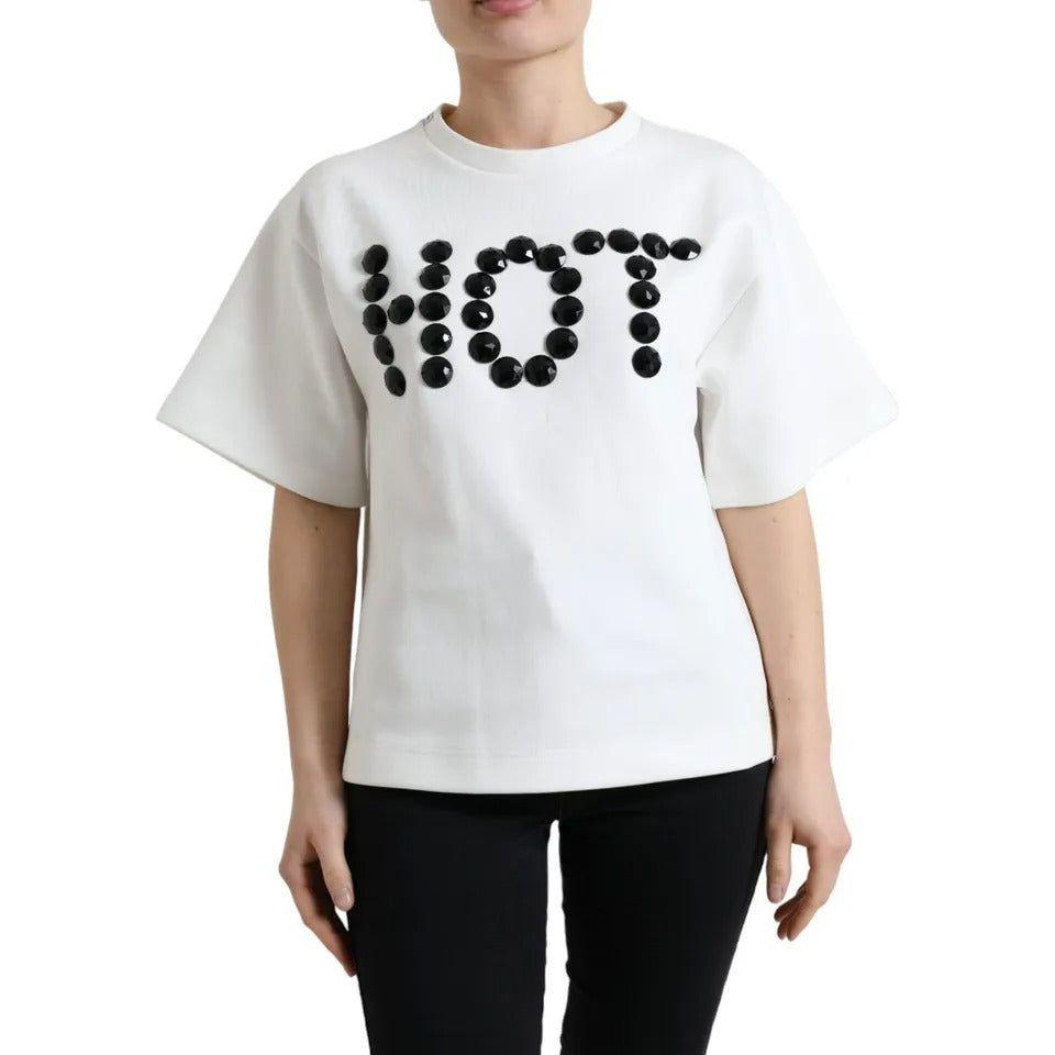 Dolce & Gabbana White Cotton Stretch Black HOT Crystal T-shirt TSH99917-S