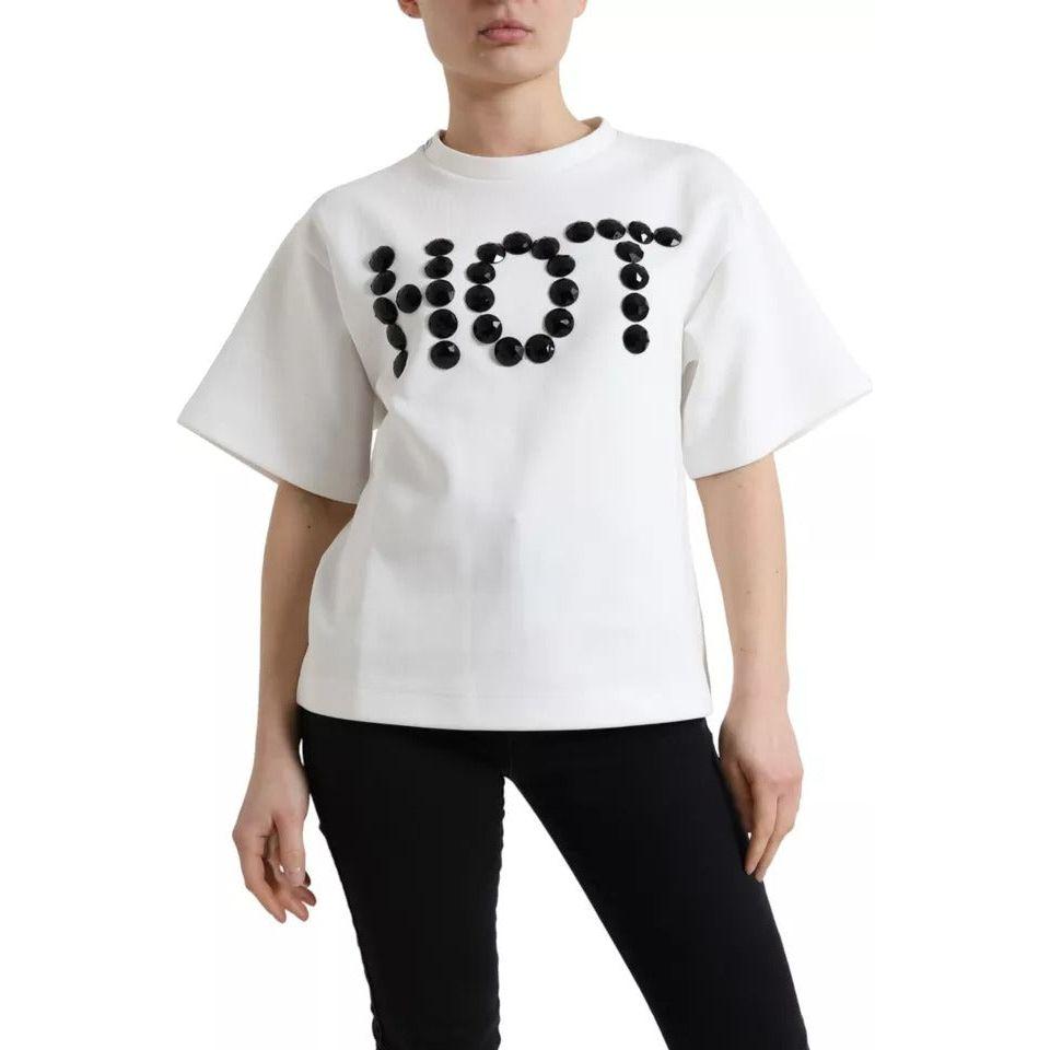 Dolce & Gabbana White Cotton Stretch Black HOT Crystal T-shirt TSH99917-S