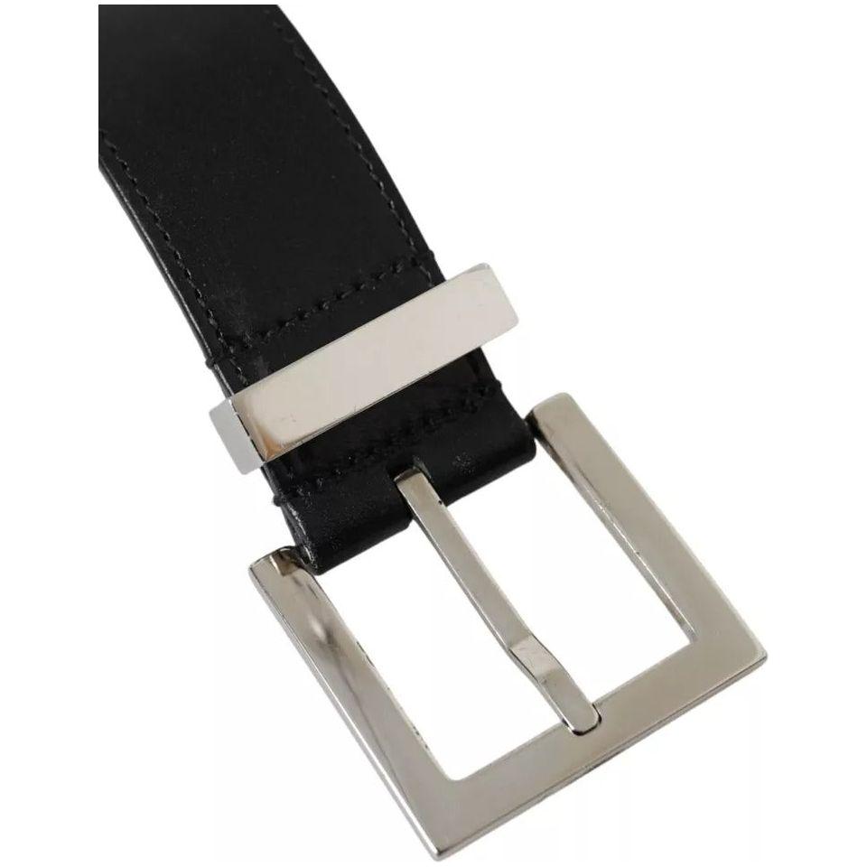 Dolce & Gabbana Black Leather Beige Strap Silver Metal Buckle Belt Dolce & Gabbana Dark Gray