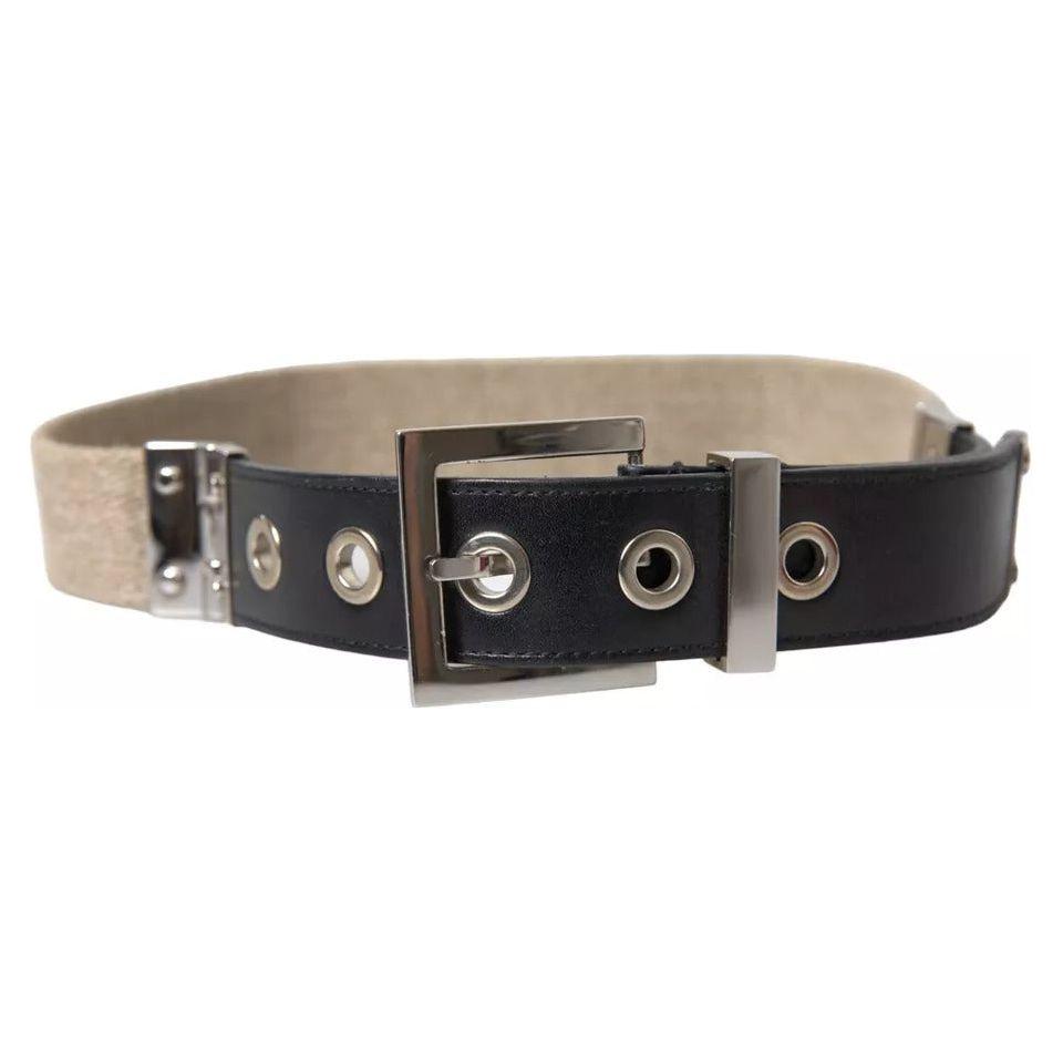 Dolce & Gabbana Black Leather Beige Strap Silver Metal Buckle Belt Dolce & Gabbana Dark Slate Gray