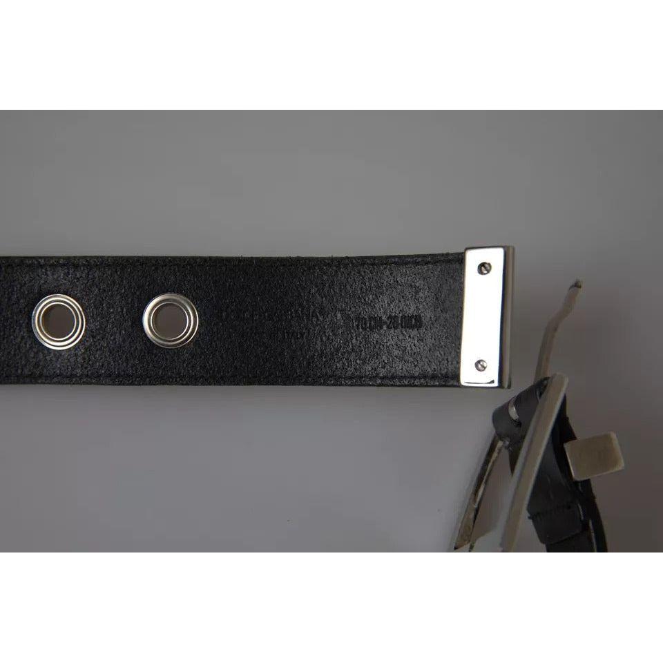 Dolce & Gabbana Black Leather Beige Strap Silver Metal Buckle Belt Dolce & Gabbana Dim Gray