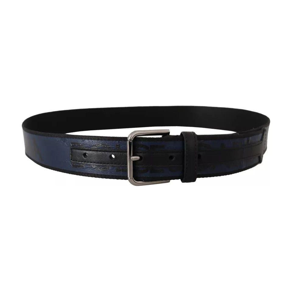 Dolce & Gabbana Blue Black Logo Print Silver Buckle Belt Dolce & Gabbana Black