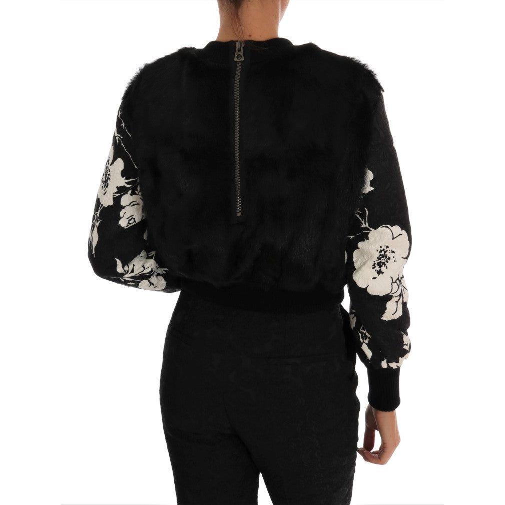 Dolce & Gabbana Floral Brocade Black Fur Sweater Dolce & Gabbana Black