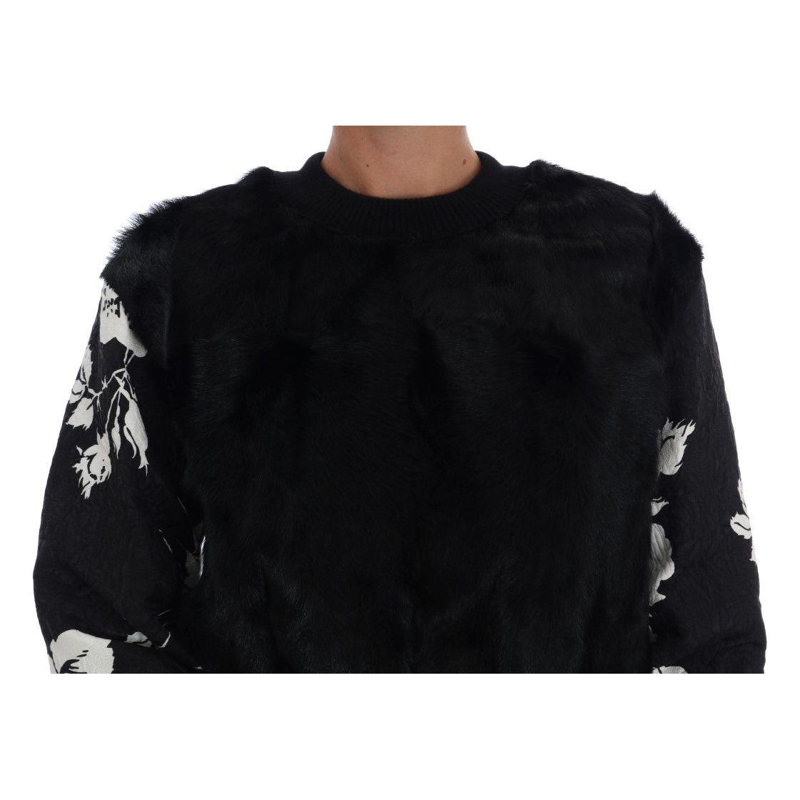 Dolce & Gabbana Floral Brocade Black Fur Sweater Dolce & Gabbana Black