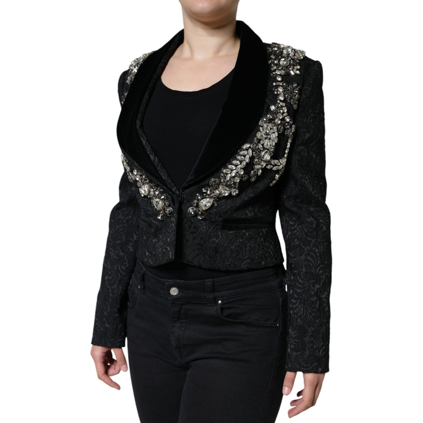 Dolce & Gabbana Black Jacquard Crystal Floral Jacket Blazer Dolce & Gabbana Black