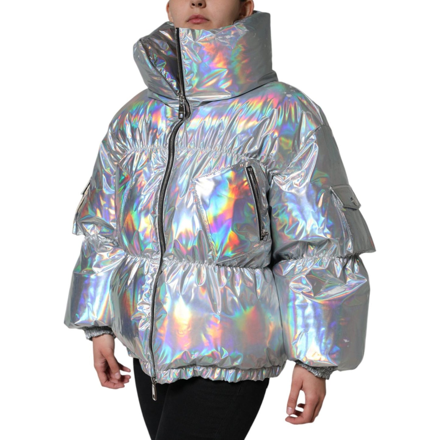 Dolce & Gabbana Silver Iridescent Puffer Full Zip Coat Jacket Dolce & Gabbana Light Slate Gray