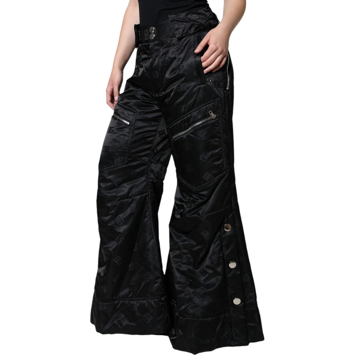 Dolce & Gabbana Black Quilted High Waist Women Wide Leg Pants Dolce & Gabbana Black