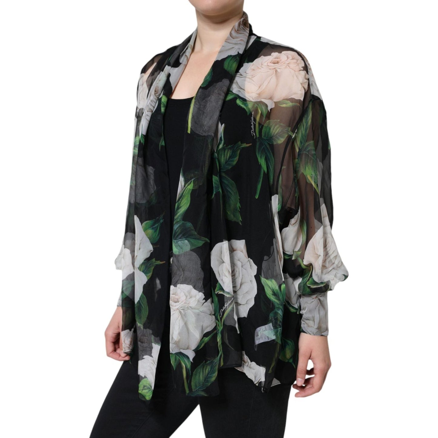Dolce & Gabbana Black Floral Print Silk Cardigan Blouse Top Dolce & Gabbana Gray
