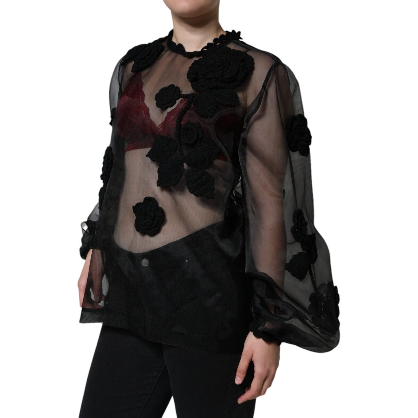 Dolce & Gabbana Black Nylon Mesh Transparent Floral Blouse Dolce & Gabbana Black