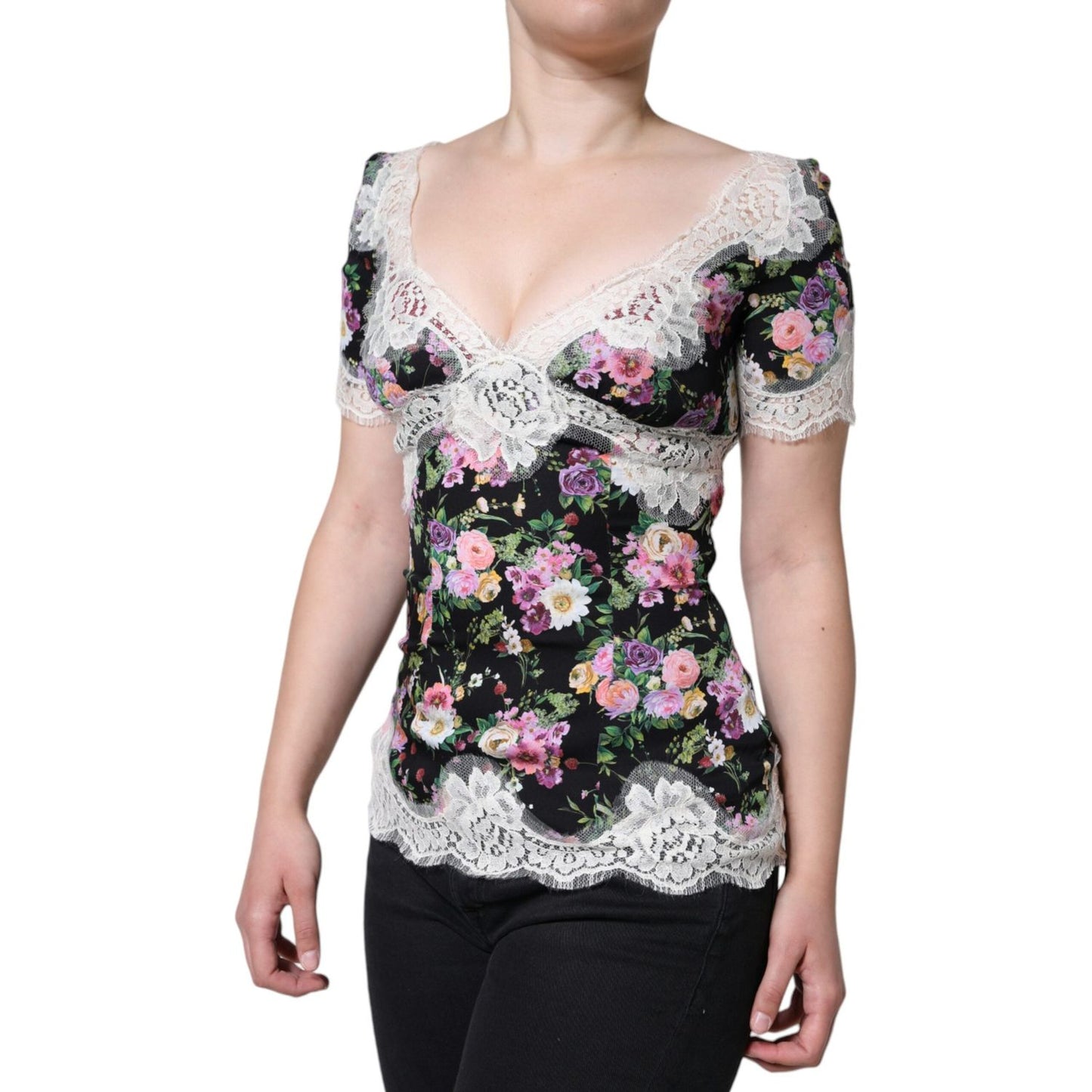 Dolce & Gabbana Black Floral Lace Short Sleeves Blouse Top Dolce & Gabbana Gray