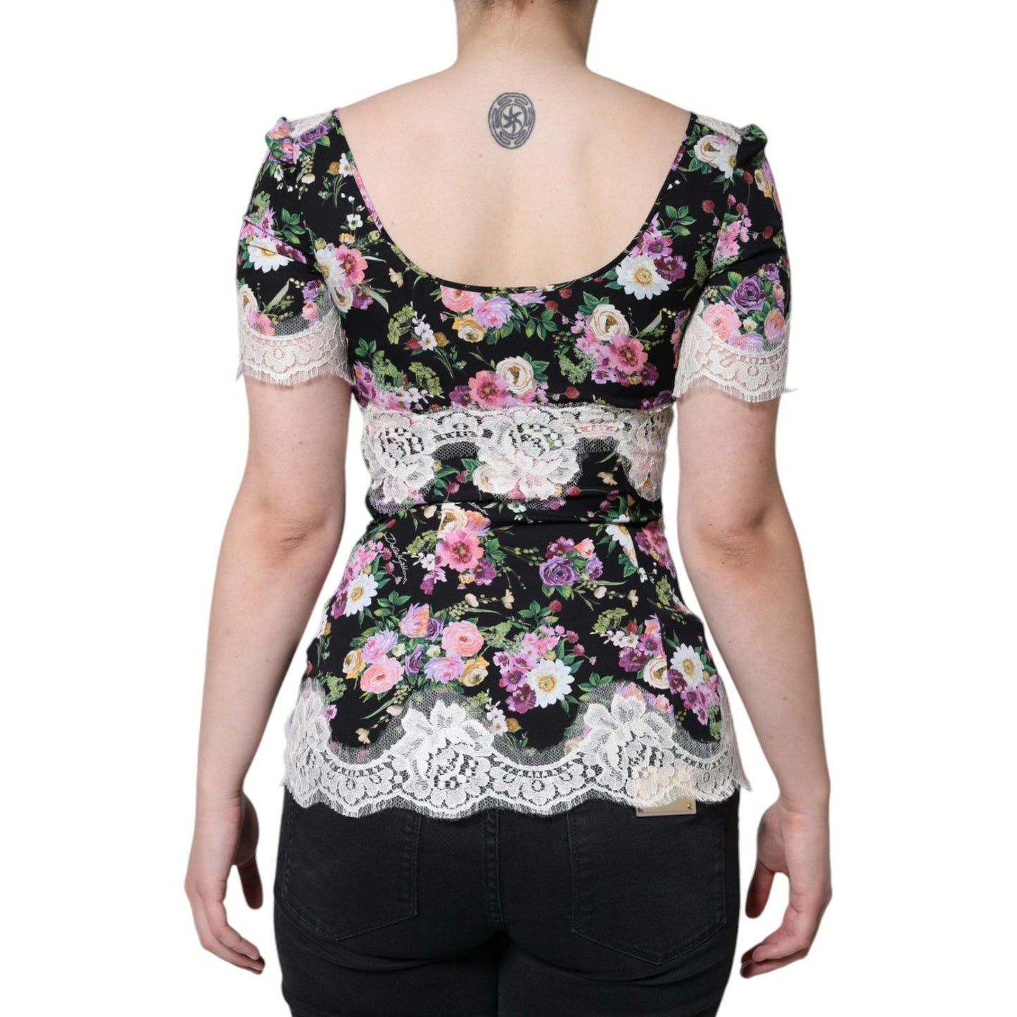 Dolce & Gabbana Black Floral Lace Short Sleeves Blouse Top Dolce & Gabbana Gray