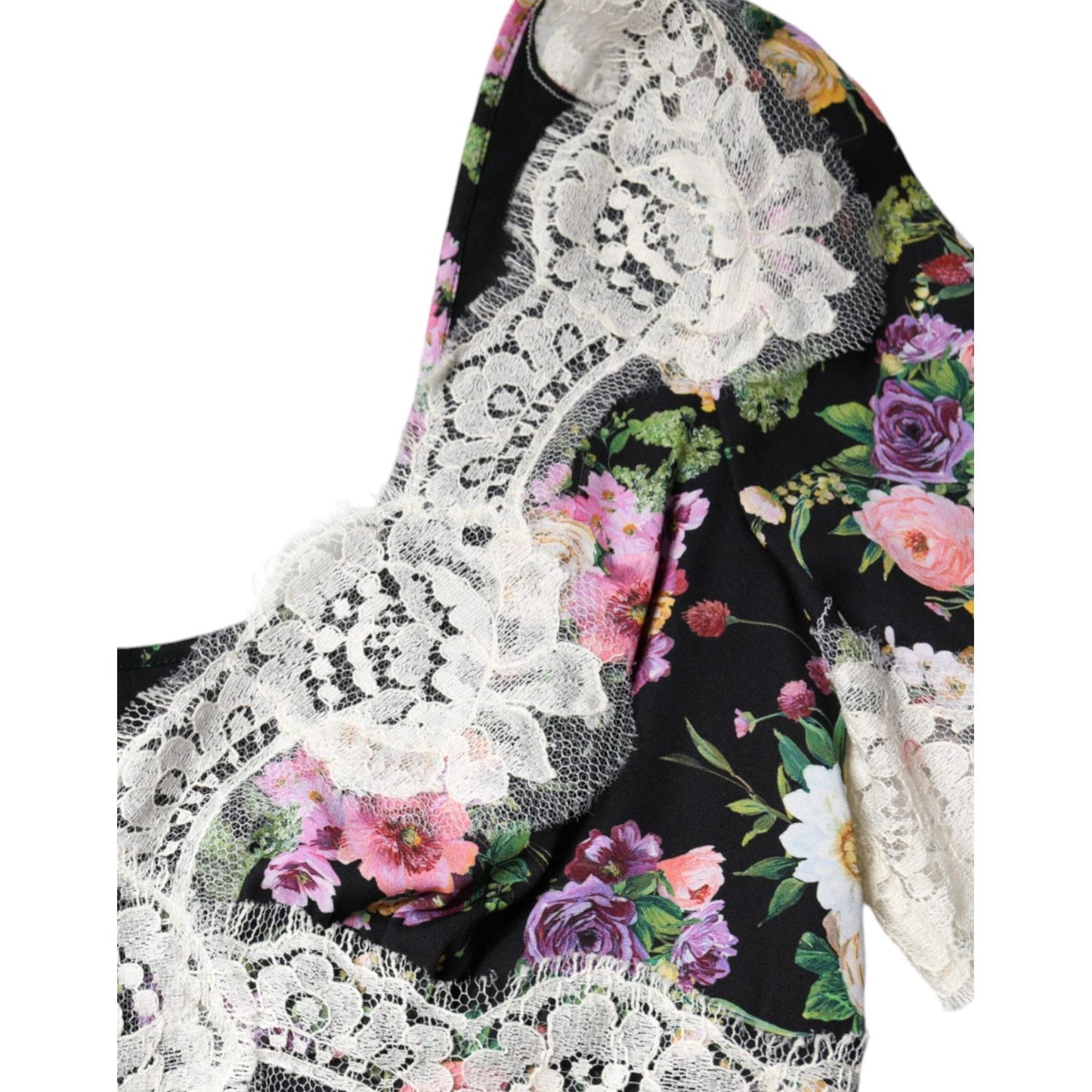 Dolce & Gabbana Black Floral Lace Short Sleeves Blouse Top Dolce & Gabbana Light Gray