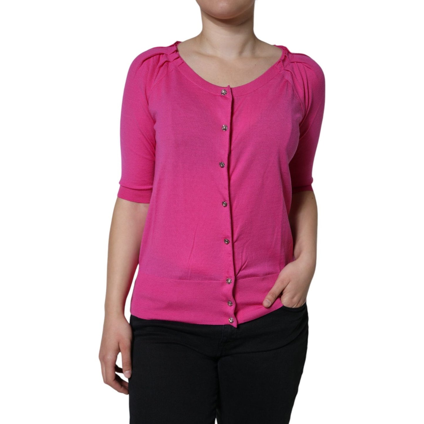 Dolce & Gabbana Pink Wool Button Down Short Sleeve Blouse Top Dolce & Gabbana Maroon