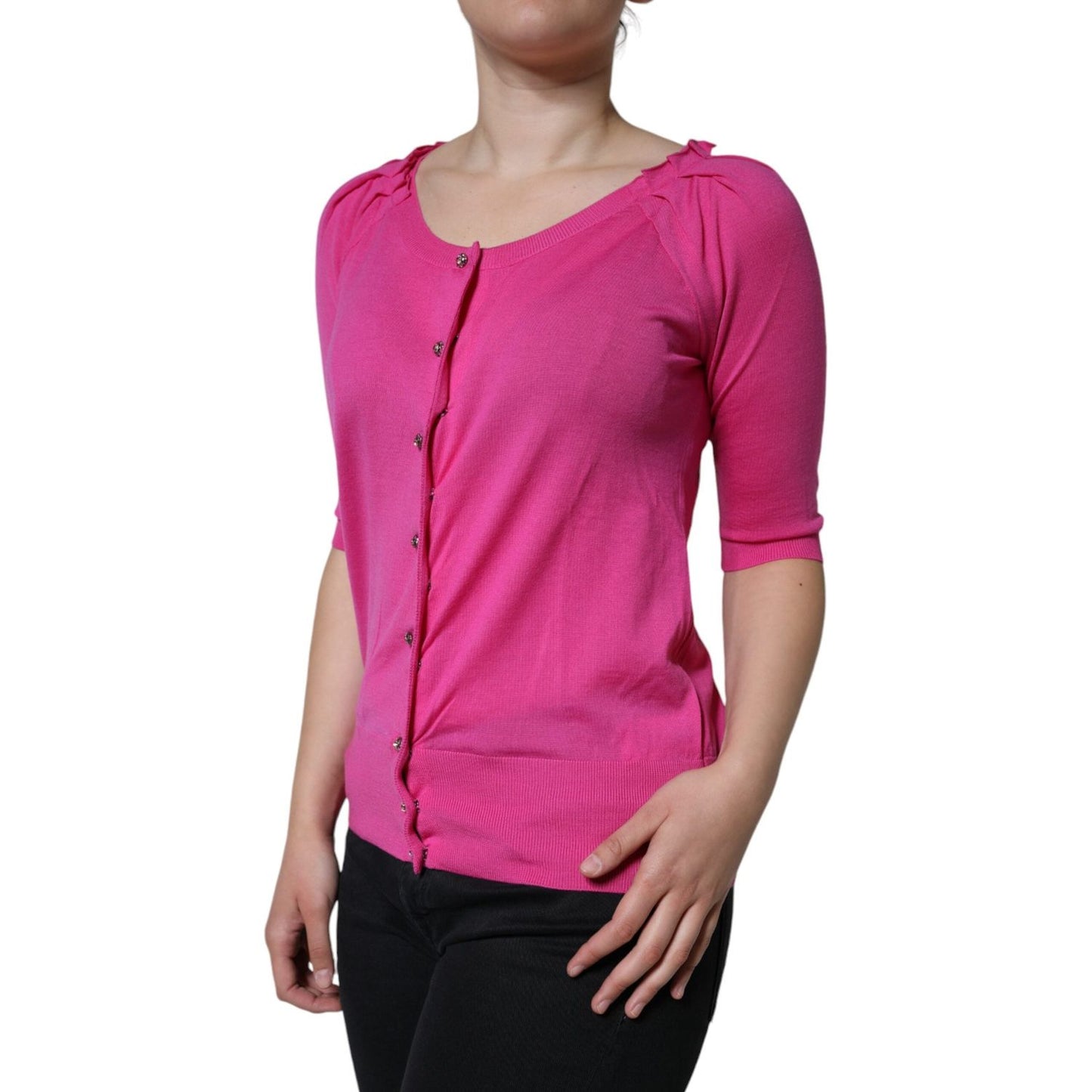 Dolce & Gabbana Pink Wool Button Down Short Sleeve Blouse Top Dolce & Gabbana Maroon