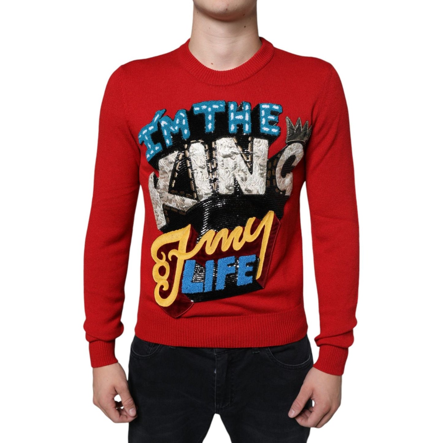 Dolce & Gabbana Red I'm The King Wool Crew Neck Sweatshirt Sweater Dolce & Gabbana Black