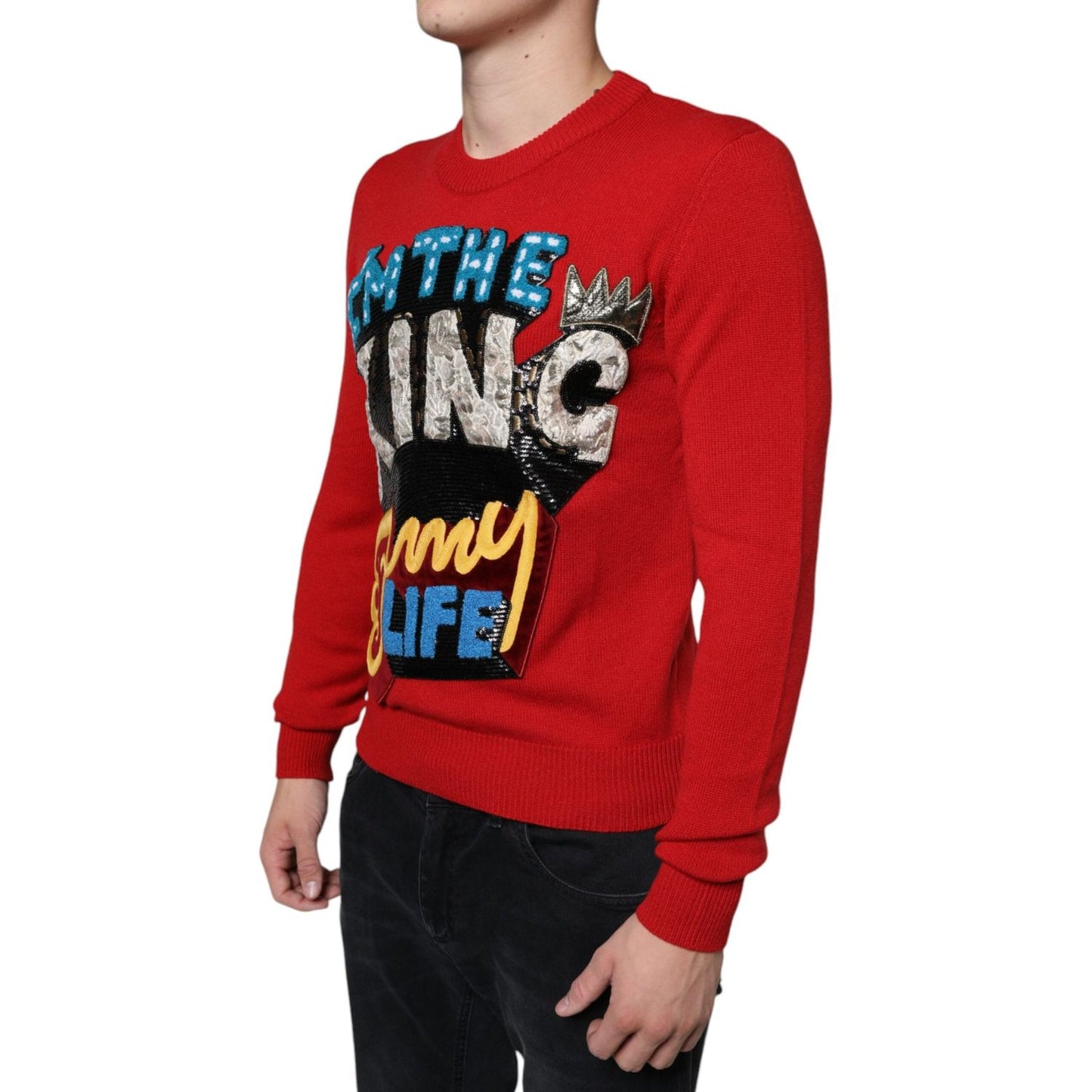 Dolce & Gabbana Red I'm The King Wool Crew Neck Sweatshirt Sweater Dolce & Gabbana Firebrick