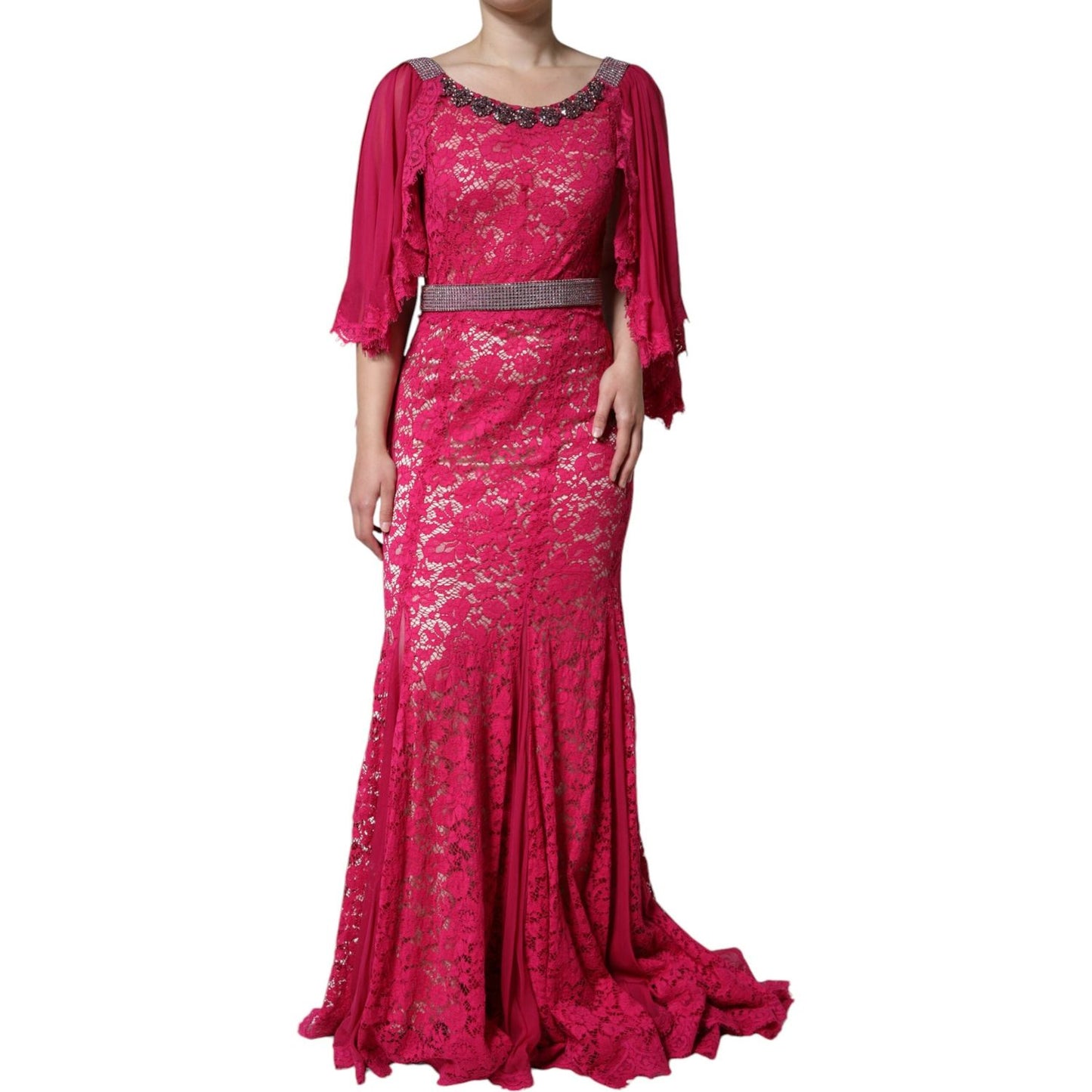 Dolce & Gabbana Pink Lace Crystal Sheath Long Gown Dress Dolce & Gabbana Brown