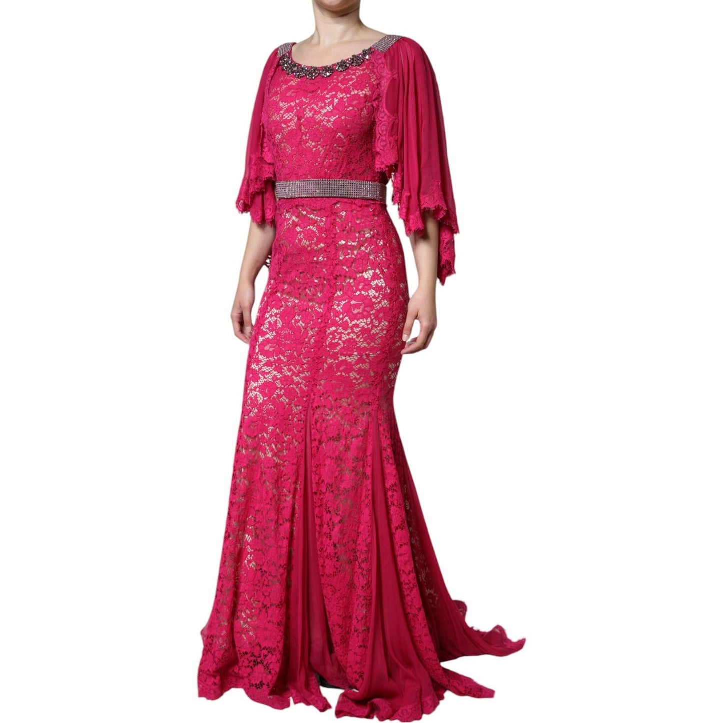 Dolce & Gabbana Pink Lace Crystal Sheath Long Gown Dress Dolce & Gabbana Maroon