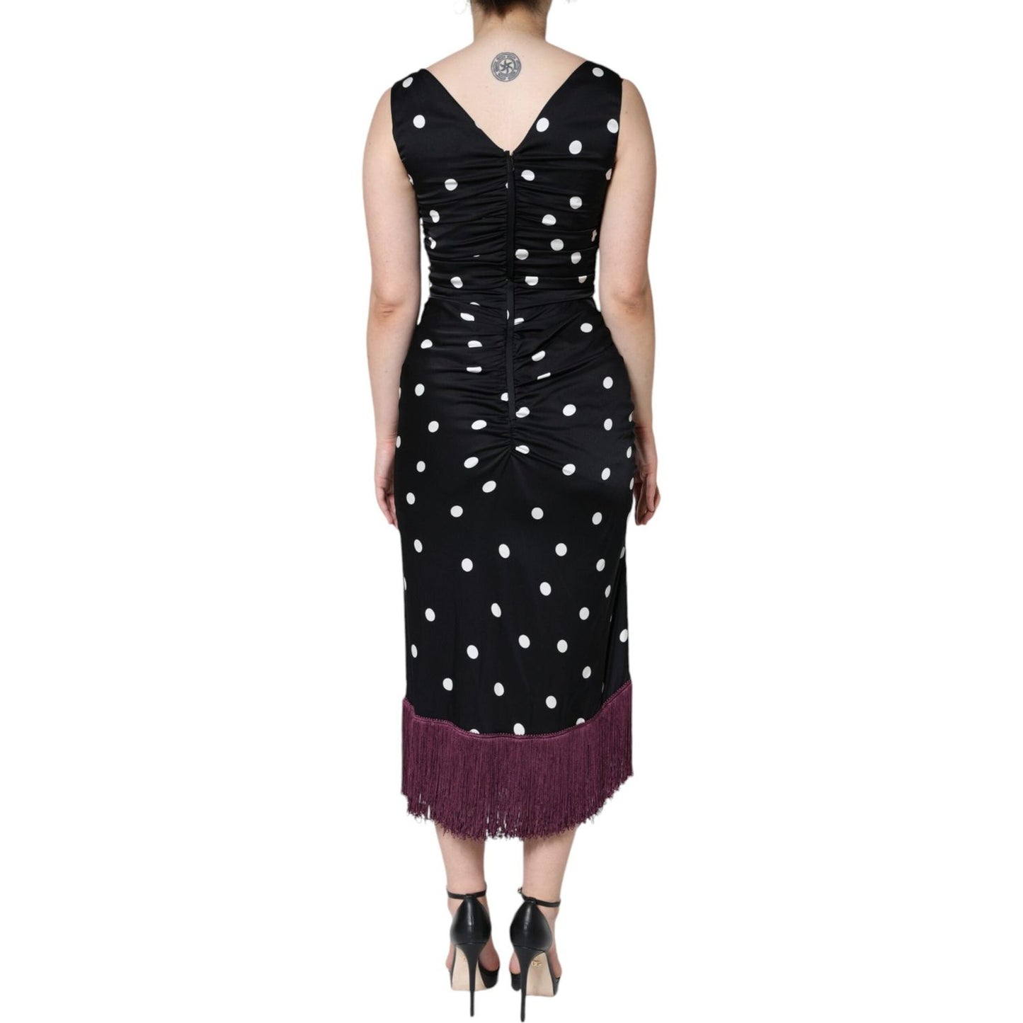 Dolce & Gabbana Black Silk Polka Dot Vneck Tassel Midi Dress Dolce & Gabbana Gray