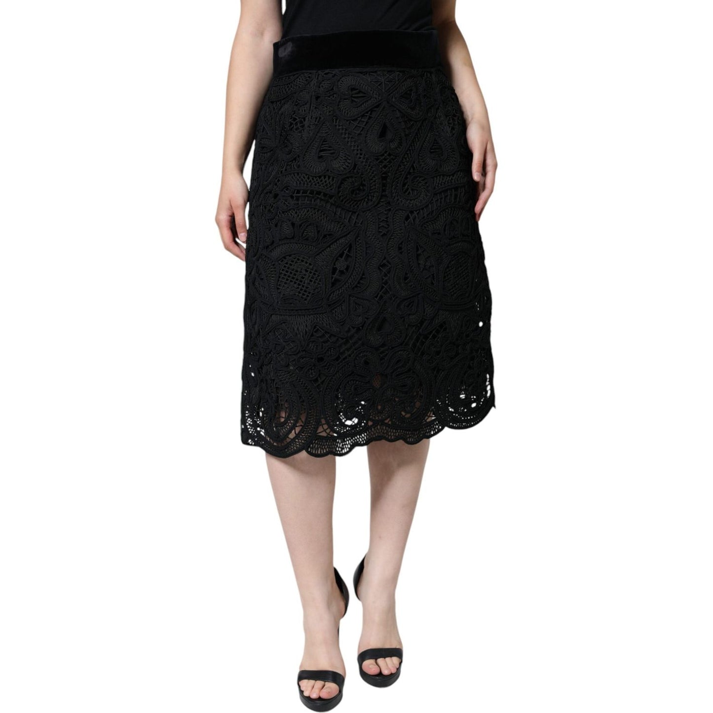 Dolce & Gabbana Black Floral Lace High Waist Pencil Cut Skirt Dolce & Gabbana Tan