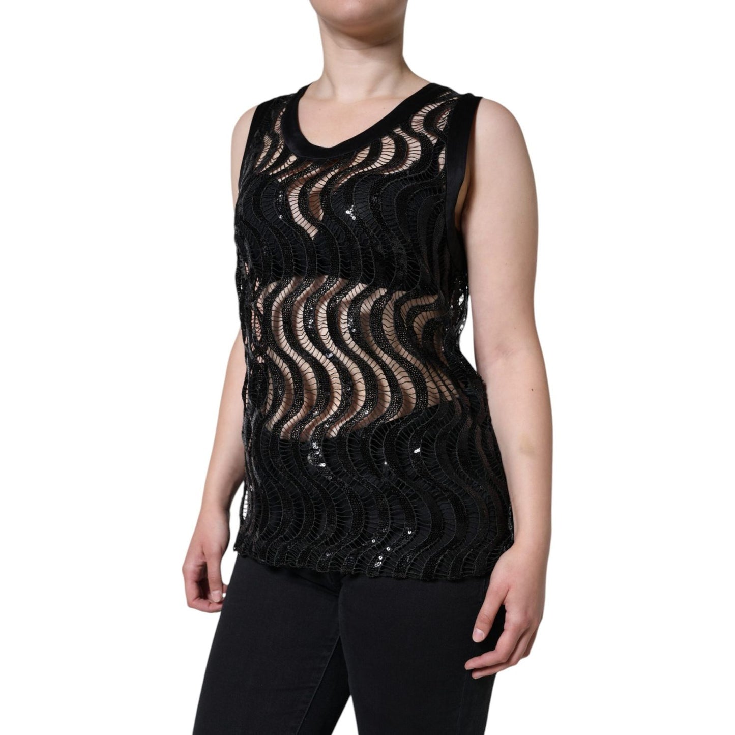 Dolce & Gabbana Black Sequin Sleeveless Tank Blouse Top Dolce & Gabbana Tan
