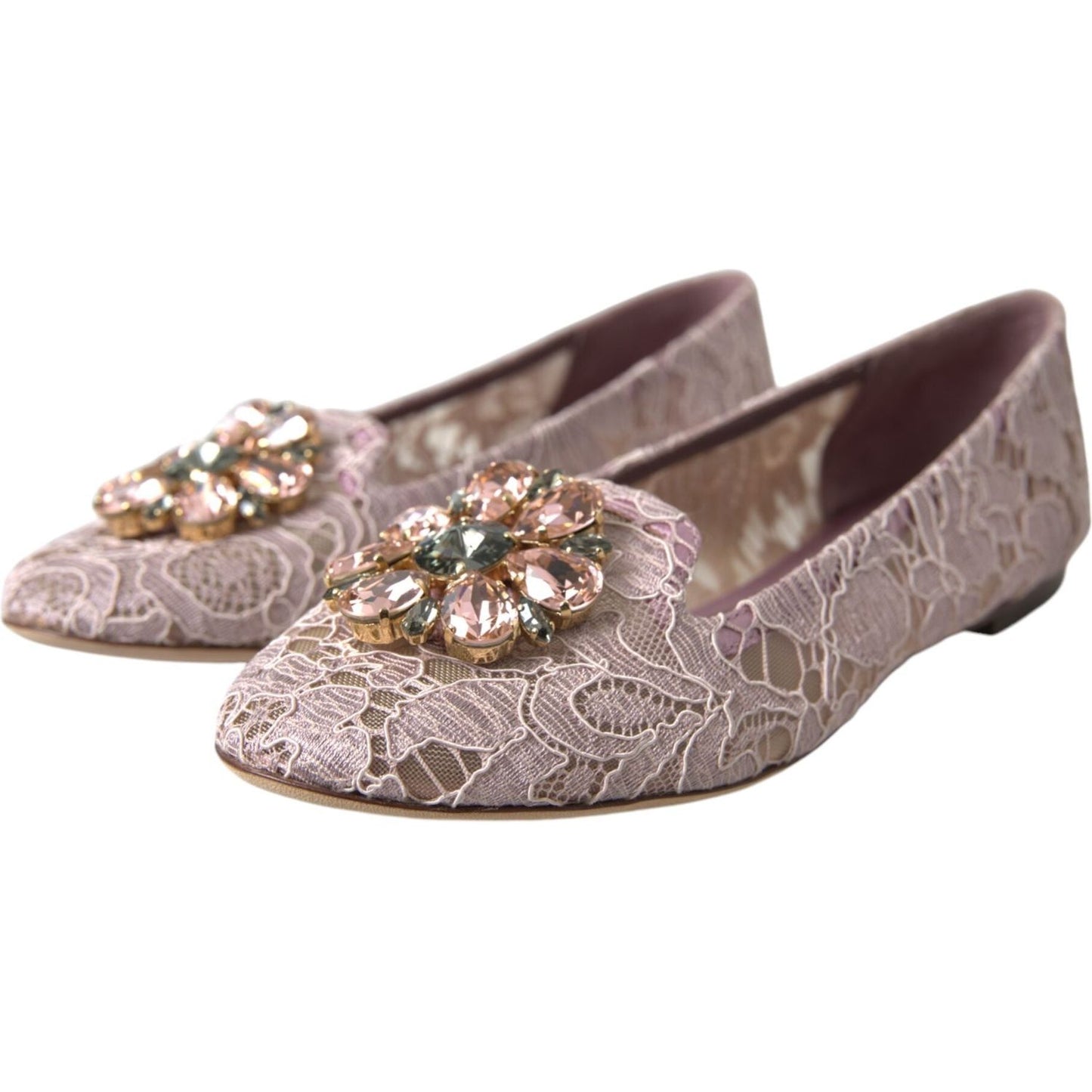 Dolce & Gabbana Pink Lace Crystal Ballet Flats Loafers Shoes Dolce & Gabbana Rosy Brown