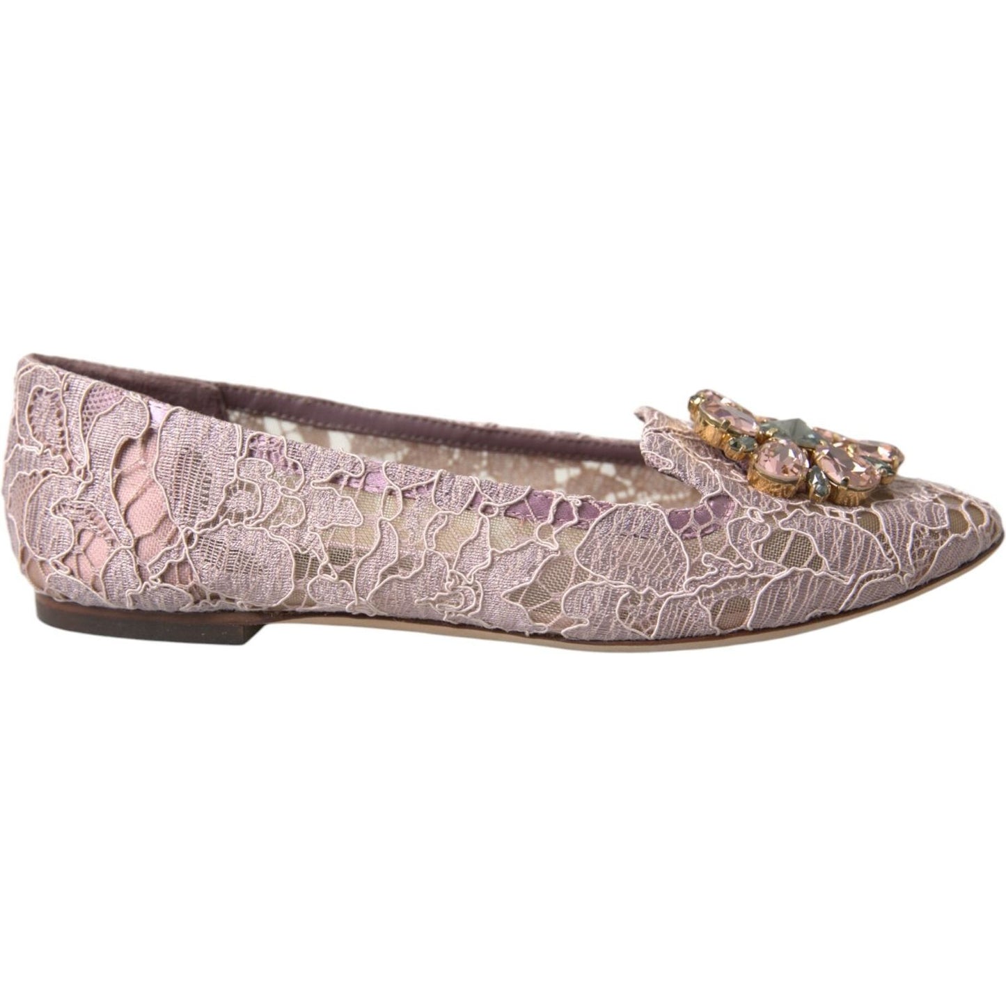 Dolce & Gabbana Pink Lace Crystal Ballet Flats Loafers Shoes Dolce & Gabbana Rosy Brown